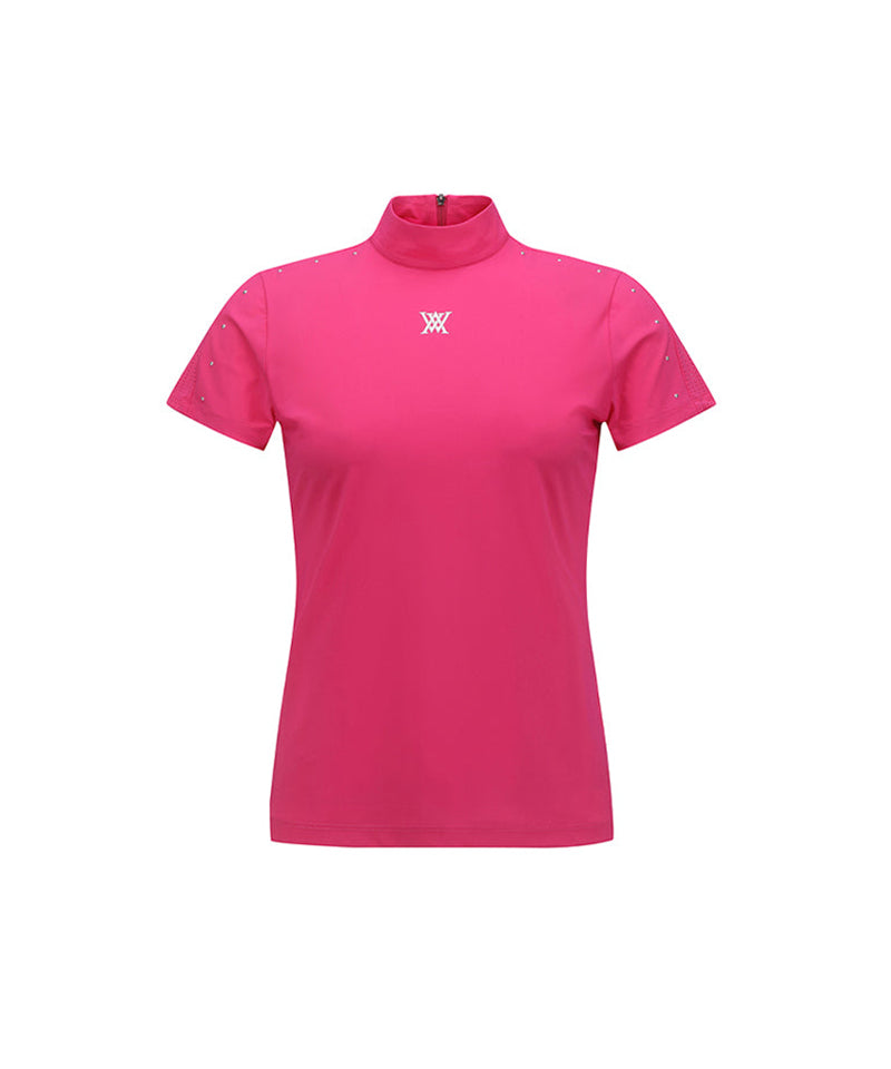 Women's High-Neck Mesh Back Short-Sleeved T-Shirt - Pink