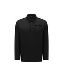 A black long-sleeve polo shirt with a buttoned collar and a chest pocket featuring a tonal embroidered Louis Vuitton monogram, displayed on a clean white background.