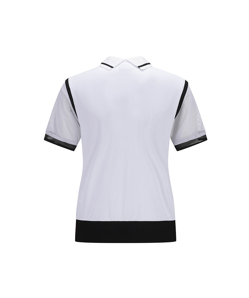 Women Shoulder Mesh Point Short T-Shirt - White