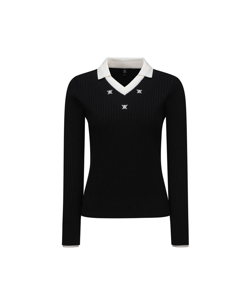 Women's Logo Point Cable Sweater - Black