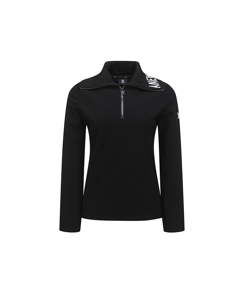 Women's High Neck Zip Long T-shirt - Black