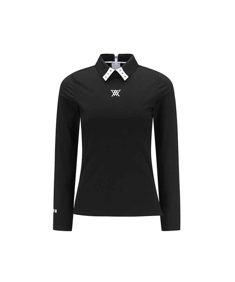 [Legacy Sale] Women's Sleeve Block Back Zipper Point Ribbed Long T-Shirt - Black