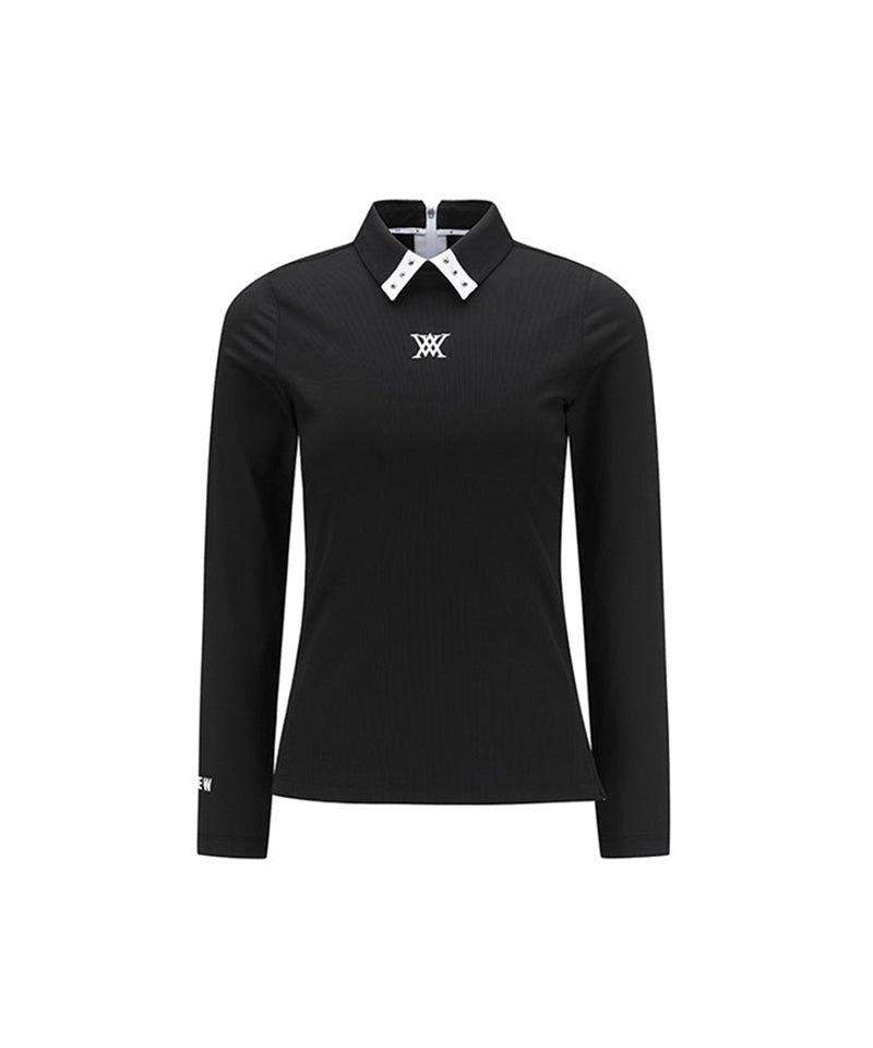 Women's Sleeve Block Back Zipper Point Ribbed Long T-Shirt - Black