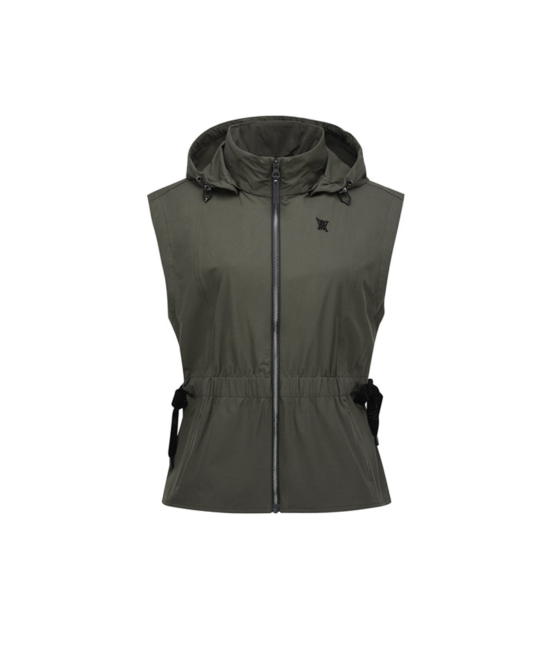 Women's Waist Shirring Hoody Vest - Khaki
