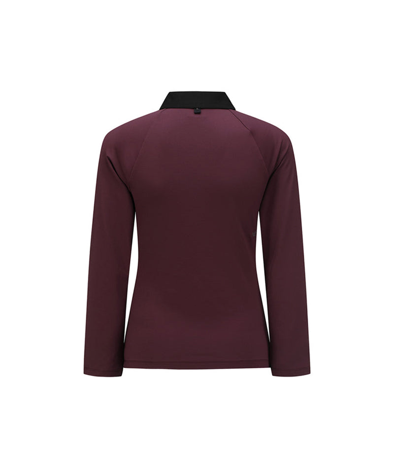 Women's Collar Color Blocked Long T-shirt - Wine