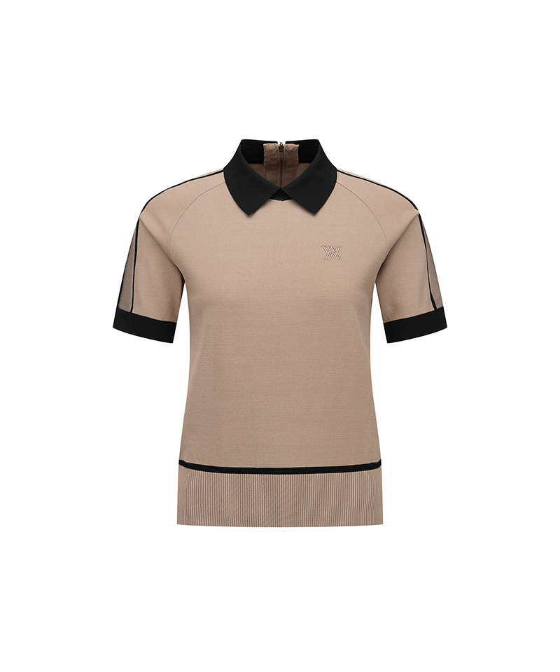 [Signature] Women's Mesh Patch Short Sleeve Sweater - Beige