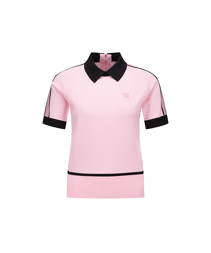 [Signature] Women's Mesh Patch Short Sleeve Sweater - Light Pink