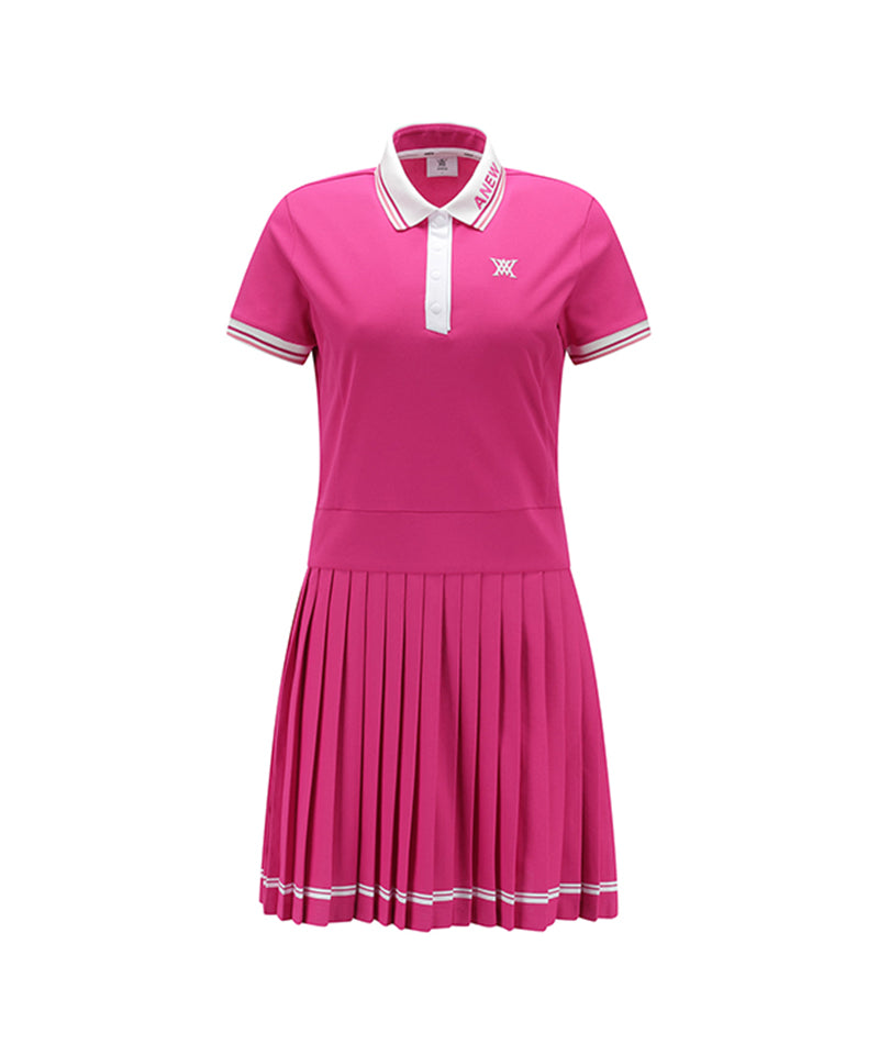 Pleated Skirt Pique Dress - Hot Pink