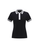 Women Collar Color Block Short T-Shirt - Black