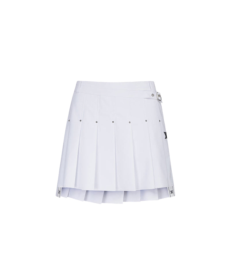 Women's Buckle Decoration Pleats Skirt - White
