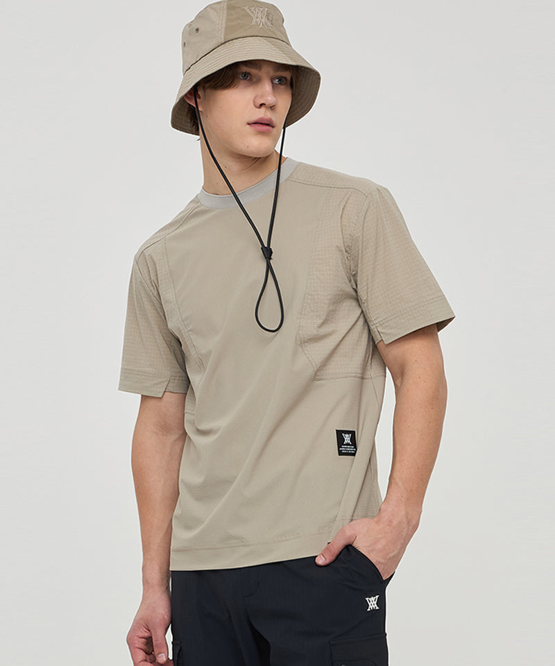 Men Woven Sleeve Crew Neck - Beige
