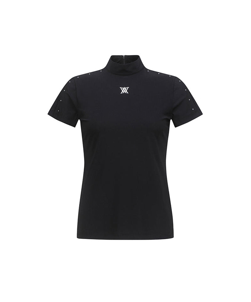 Women's High-Neck Mesh Back Short-Sleeved T-Shirt - Black