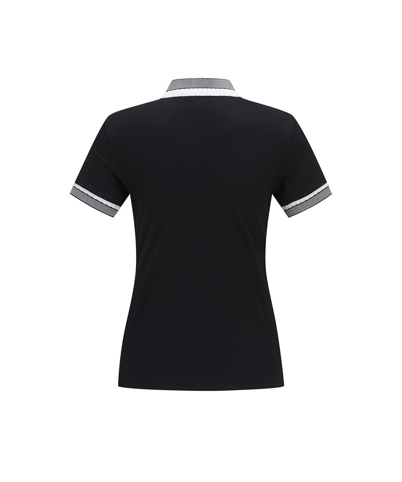 Women Collar Color Block Short T- Shirt - Black