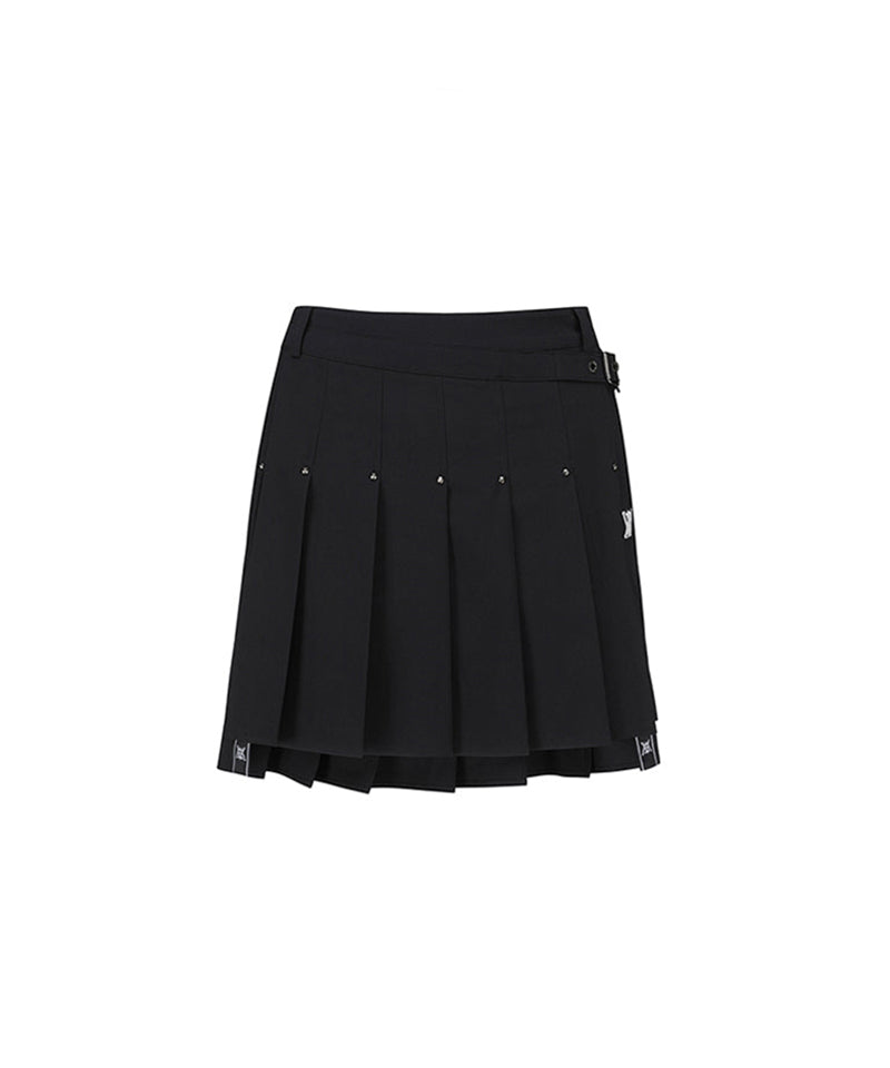 Women's Buckle Decoration Pleats Skirt - Black