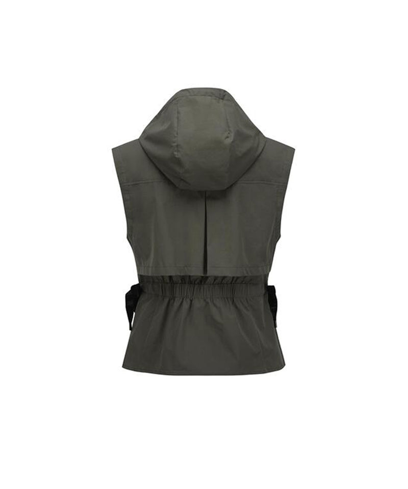 Women's Waist Shirring Hoody Vest - Khaki