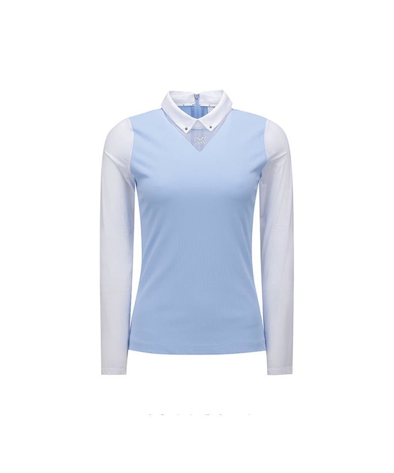 Women's Triangle Mesh Block Long T-Shirt - S/Blue