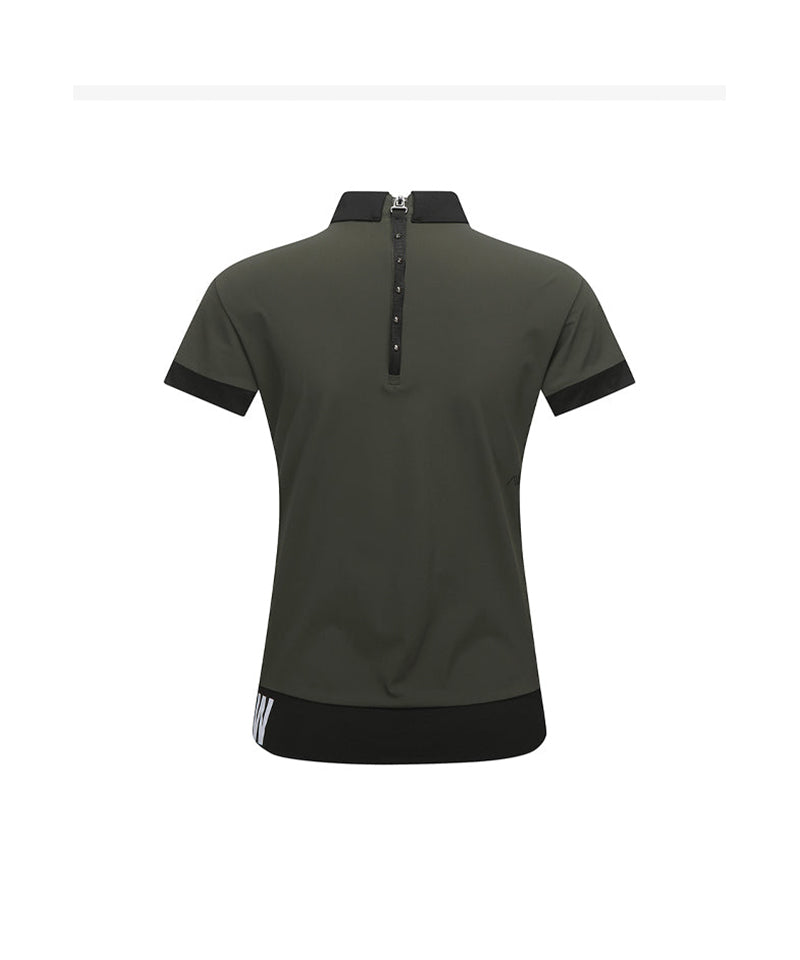 Women's Back Zip Shoulder Tape Point Short T-Shirt - Khaki