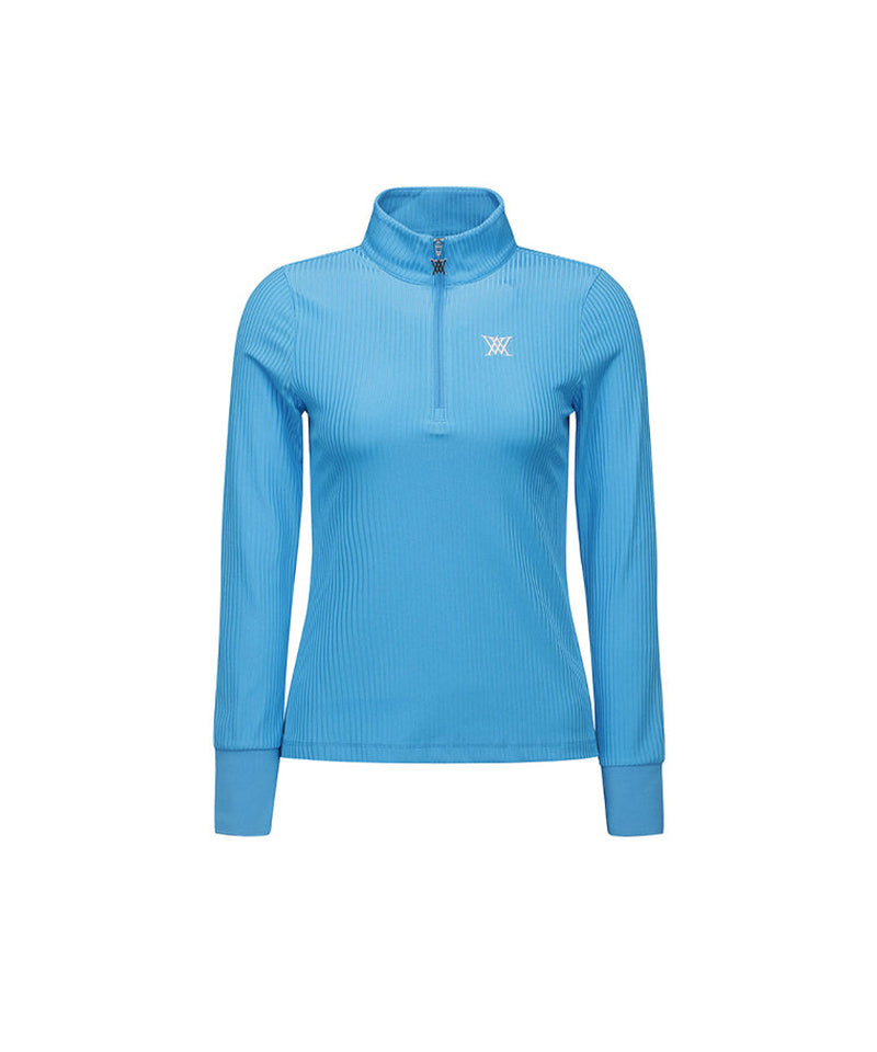 Women's Zipper Point Ribbed Long T-Shirt - Light Blue