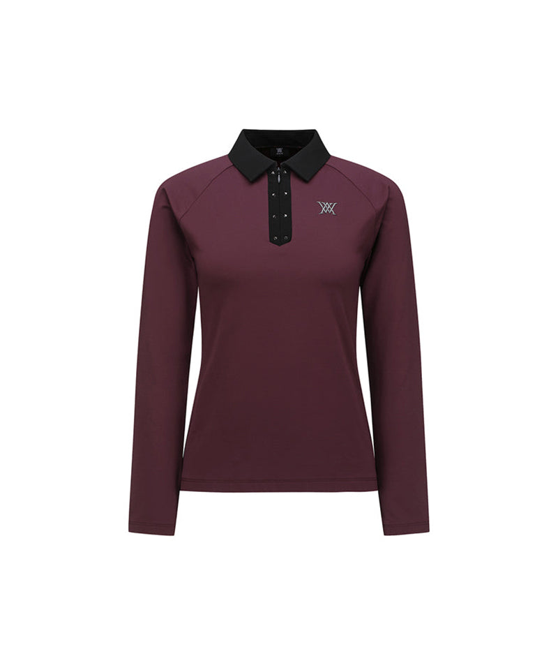 Women's Collar Color Blocked Long T-shirt - Wine