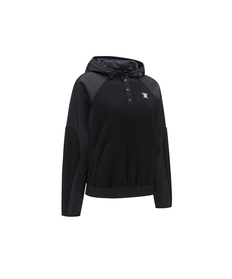 Women's Wooven Blocked Longsleeve Hoodie - Black