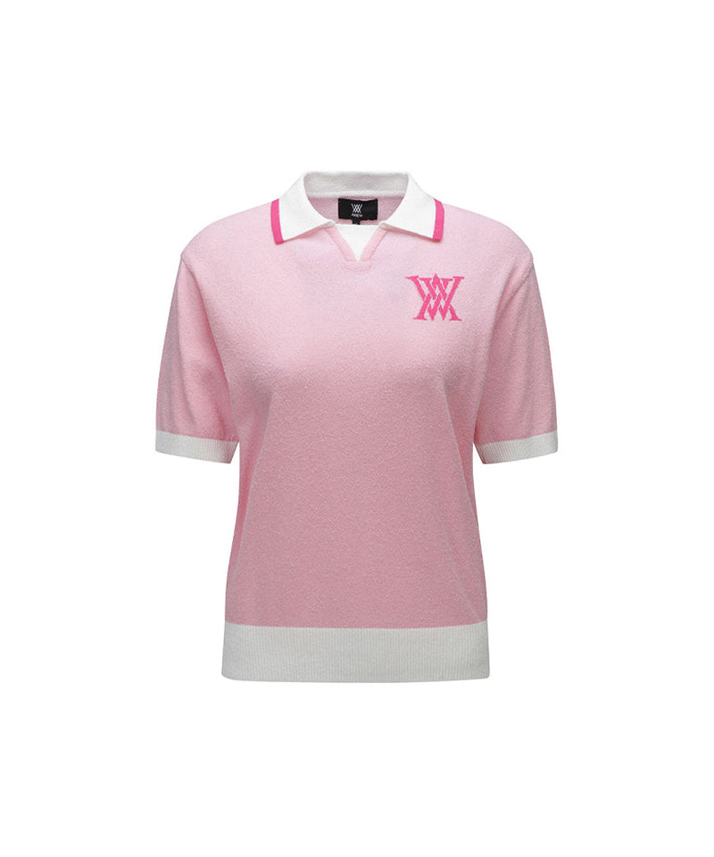 Women's Chest Big Logo Collar Short Sweater - Light Pink