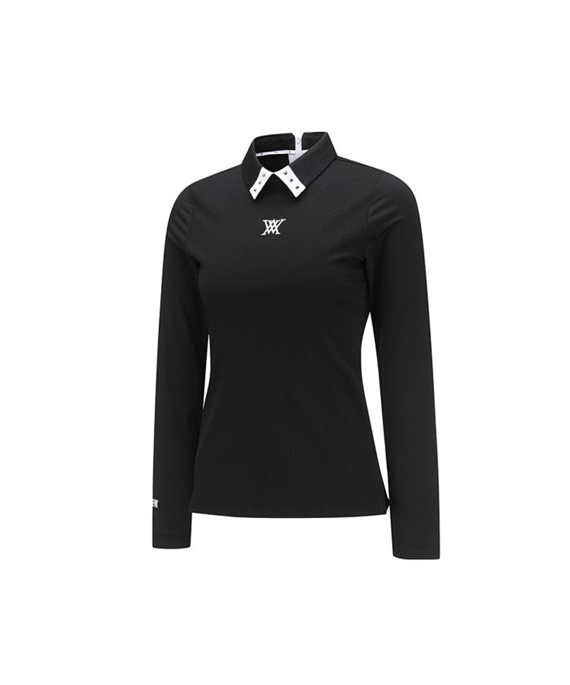 [Legacy Sale] Women's Sleeve Block Back Zipper Point Ribbed Long T-Shirt - Black