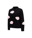 A black long-sleeve knit polo sweater with light pink textured cloud-like appliques on the front and sleeves, displayed on a clean white background.
