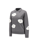 A gray knit polo sweater with white cloud-shaped patches featuring spider silhouettes, displayed on a clean white background.