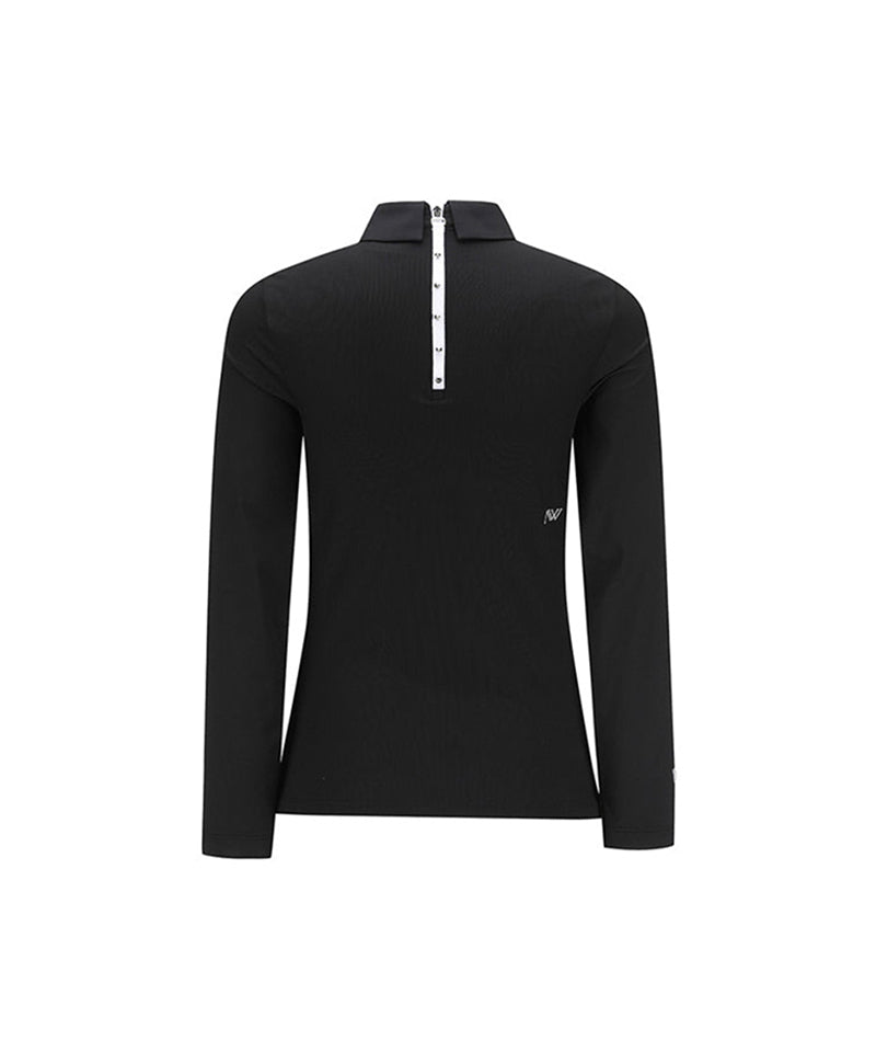 [Legacy Sale] Women's Sleeve Block Back Zipper Point Ribbed Long T-Shirt - Black