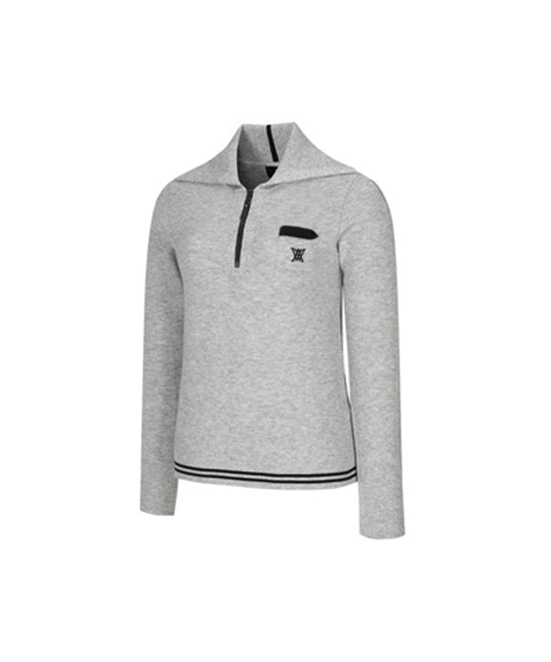 Women's Wide Collar Half Zip-Up Pullover - Mellange Gray
