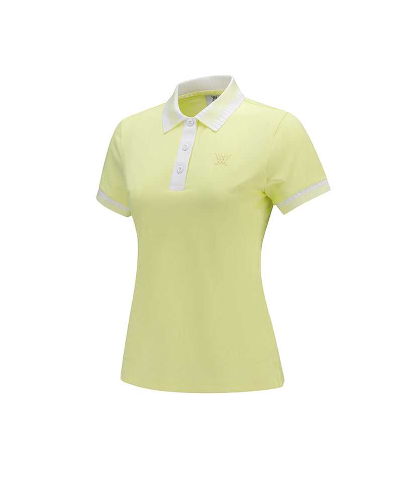 Women Collar Color Block Short T-Shirt - Yellow