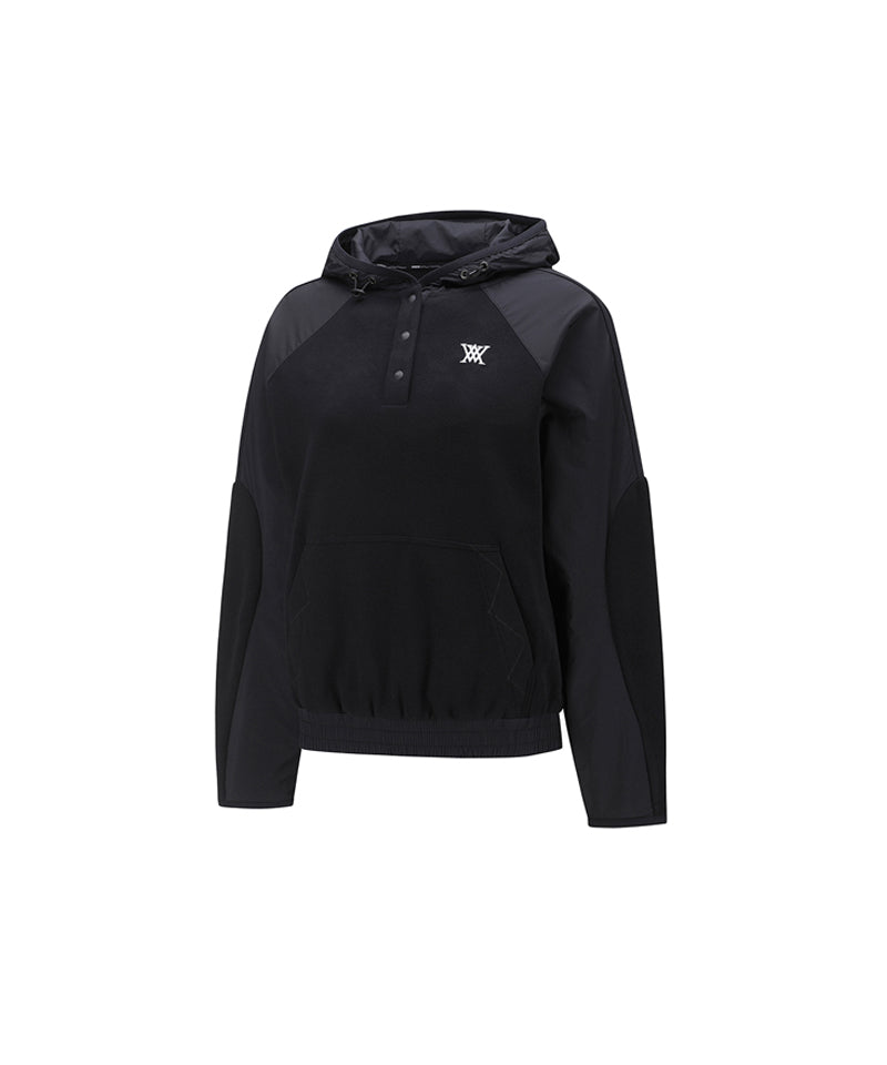 Women's Wooven Blocked Longsleeve Hoodie - Black