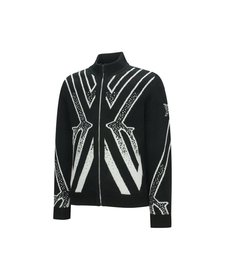 ANEW Golf Men's Big Logo Intarsia Wind Block Zip-Up Cardigan - Black