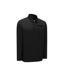 A black long-sleeve polo shirt with a buttoned collar and a chest pocket, shown on a plain white background.