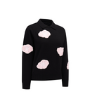 A black long-sleeve knit polo sweater with pink textured patchwork details on the collar, shoulders, and sleeves, displayed on a clean white background.