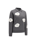 A dark gray knit polo sweater featuring white cloud-shaped patches with embroidered LV monogram details, displayed on a clean white background.