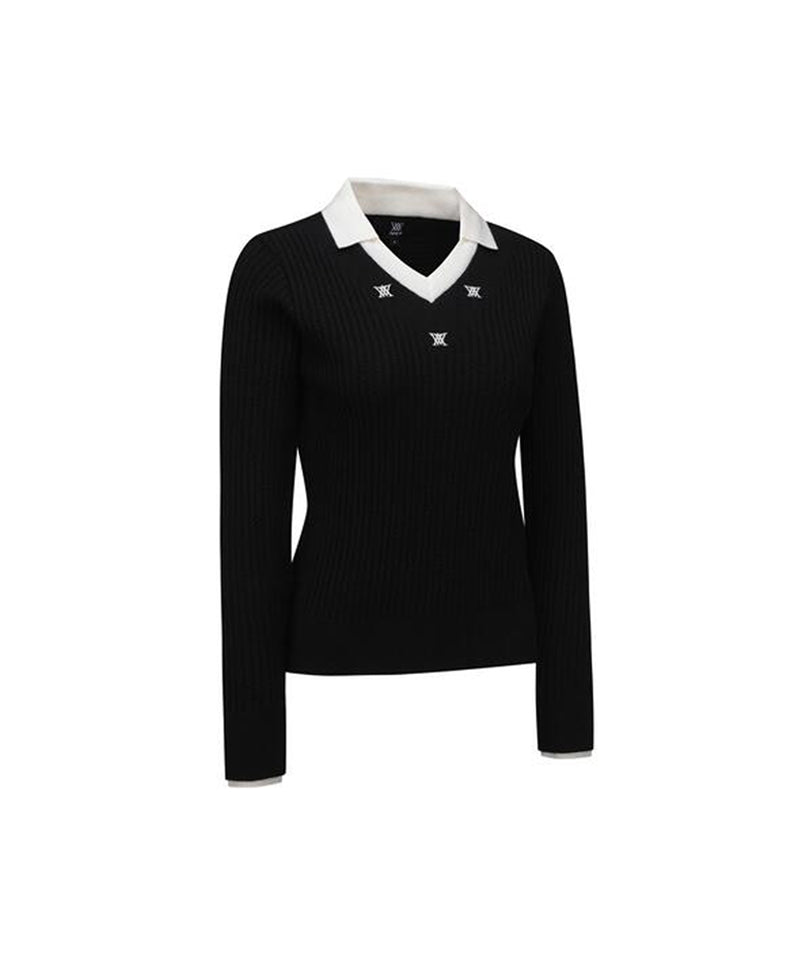 Women's Logo Point Cable Sweater - Black