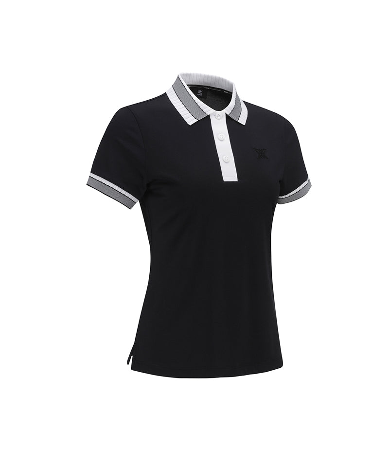 Women Collar Color Block Short T- Shirt - Black