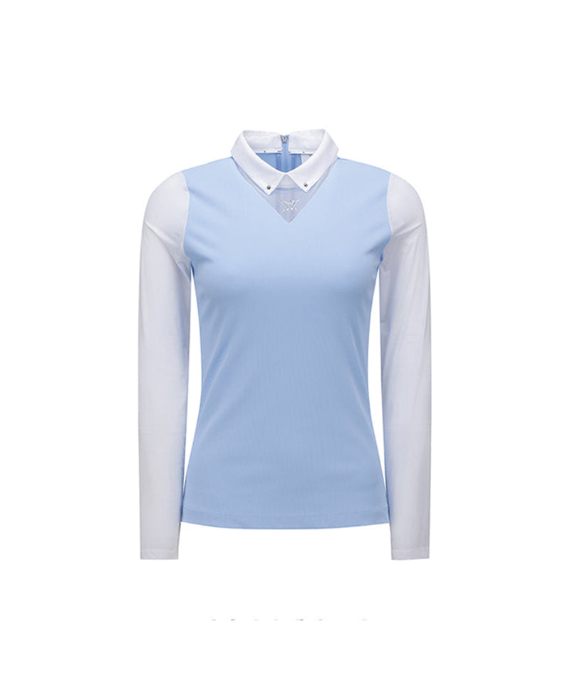 Women's Triangle Mesh Block Long T-Shirt - S/Blue