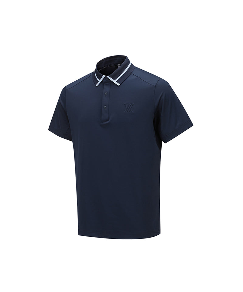 Men s Mesh Block Knit Collar Shot T Shirt Navy