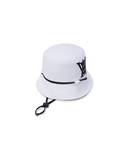 White big logo applique bucket golf hat, back view