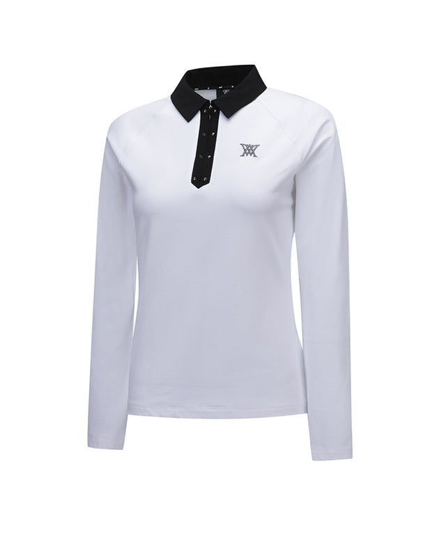 Women's Collar Color Blocked Long T-shirt - Off White