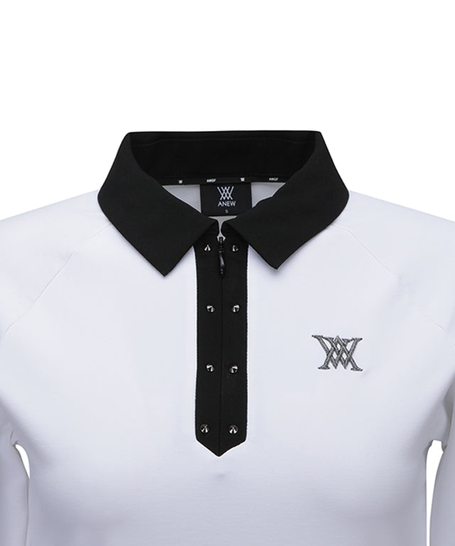 Women's Collar Color Blocked Long T-shirt - Off White