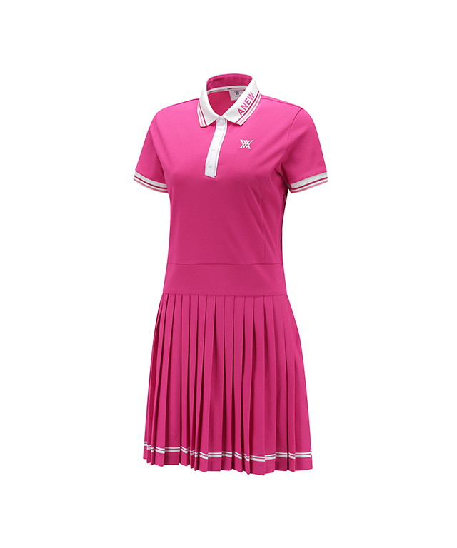 Pleated Skirt Pique Dress - Hot Pink