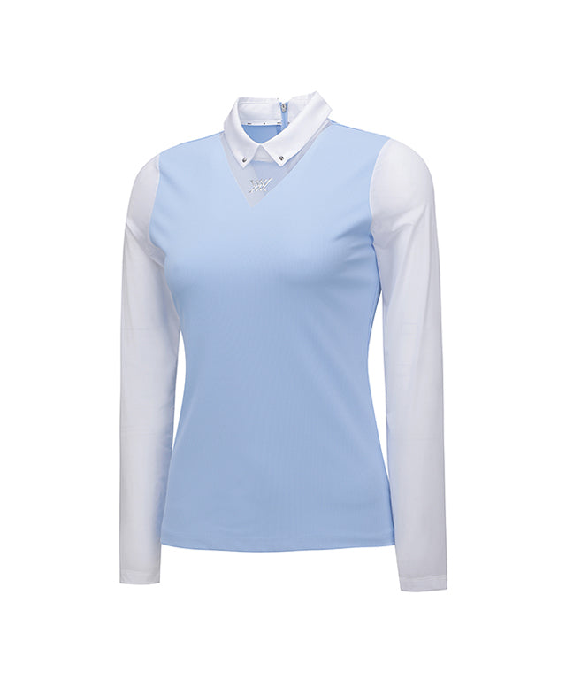 Women's Triangle Mesh Block Long T-Shirt - S/Blue