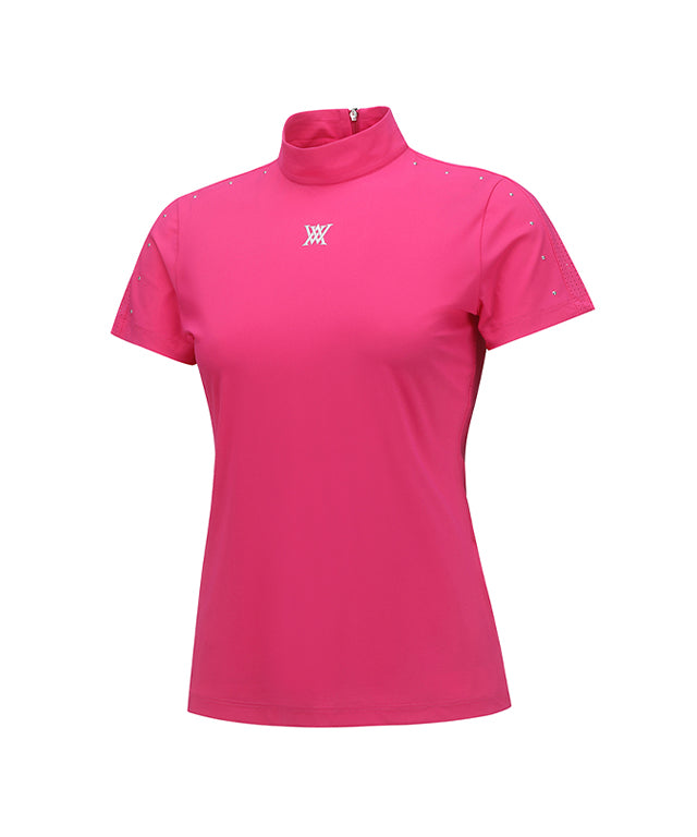 Women's High-Neck Mesh Back Short-Sleeved T-Shirt - Pink