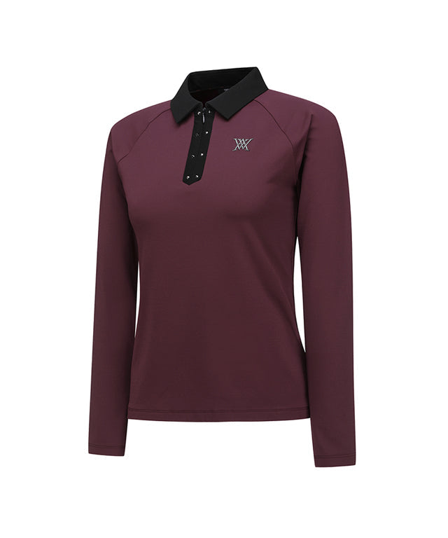 Women's Collar Color Blocked Long T-shirt - Wine