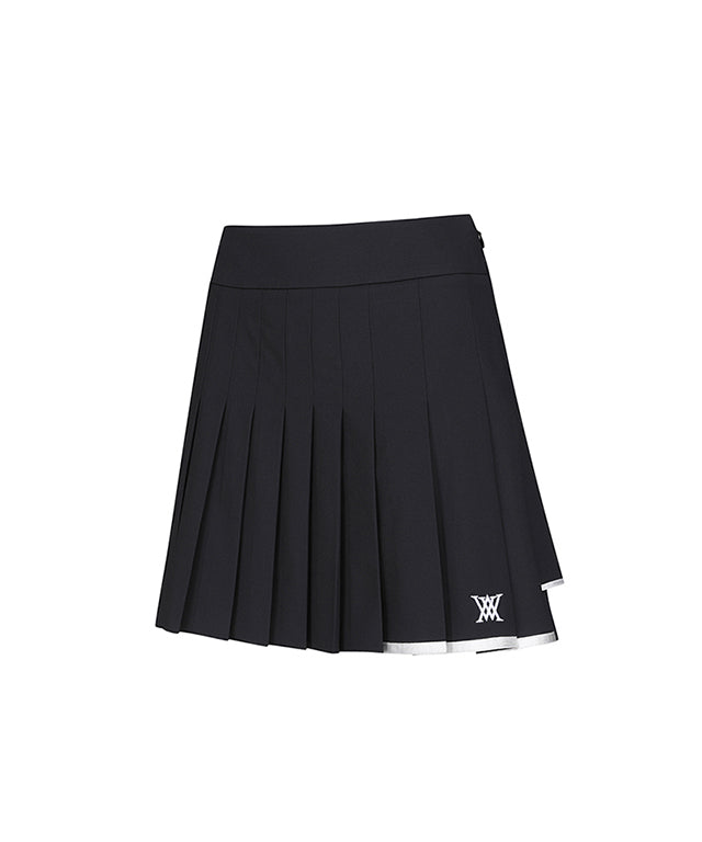 Logo Band Double Pleats Skirt - Black
