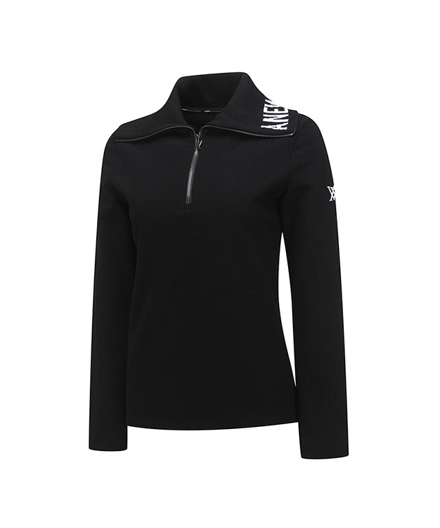 Women's High Neck Zip Long T-shirt - Black