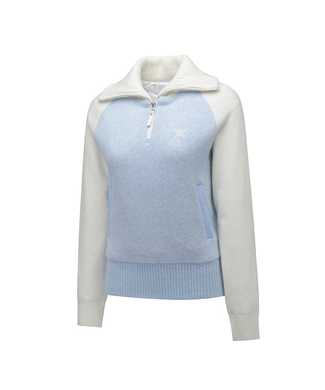 Women's Cashmere Blend Half Zip Sweater - Light Blue